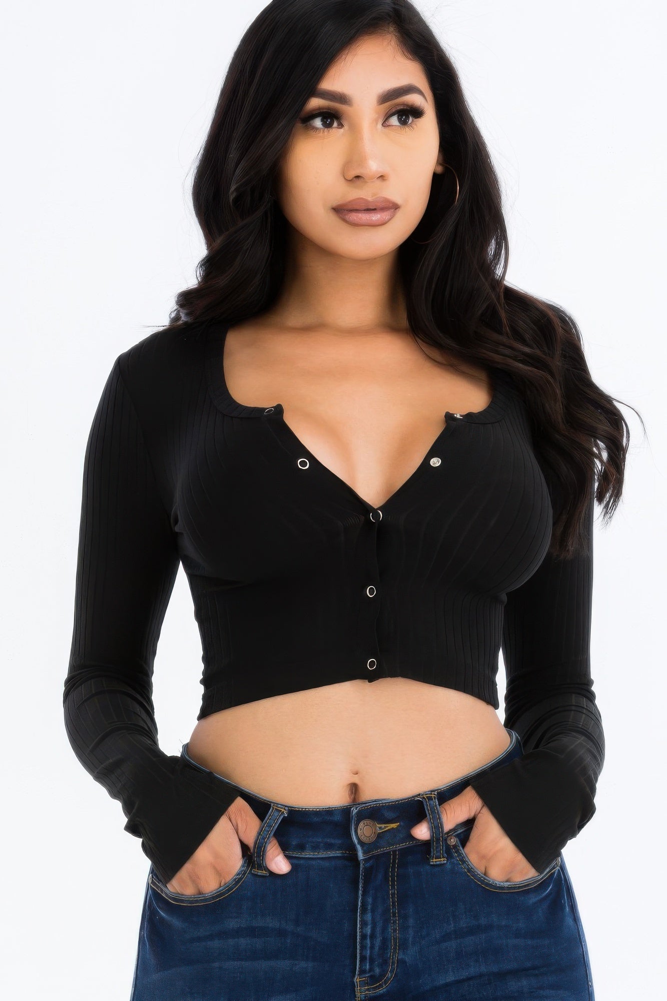 Ribbed Long Sleeve Snap Button Down Crop Top – New Arrival Now Live