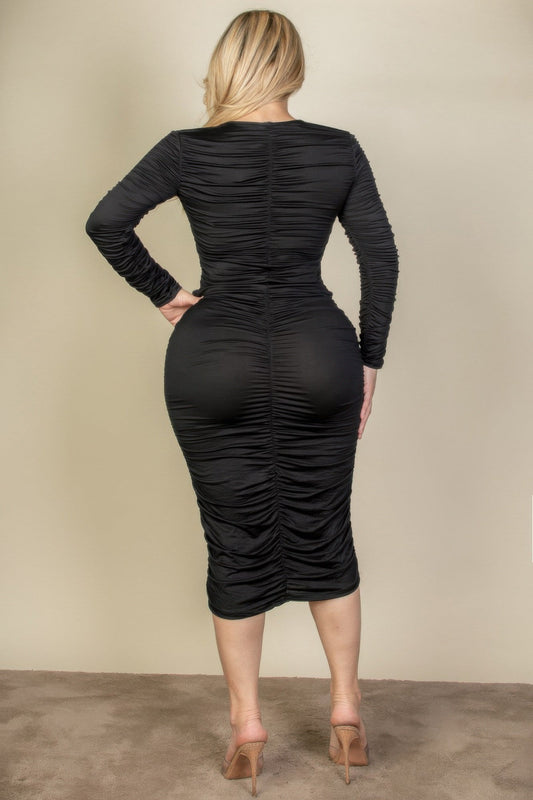 Plus Size Ruched Long Sleeve Midi Dress – Stylish & Comfortable – New Arrival Now Live
