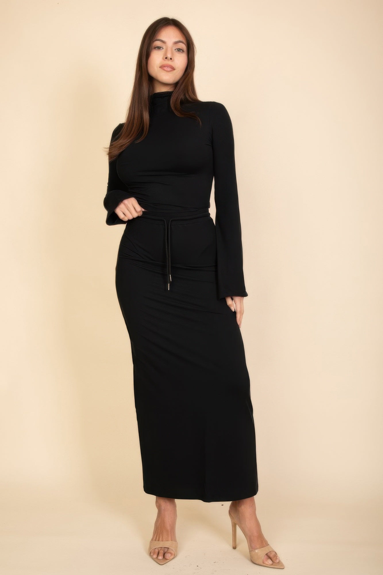 New Arrival – Mock Neck Bell Sleeve Crop Top & Maxi Skirt Set – New Arrival Now Live
