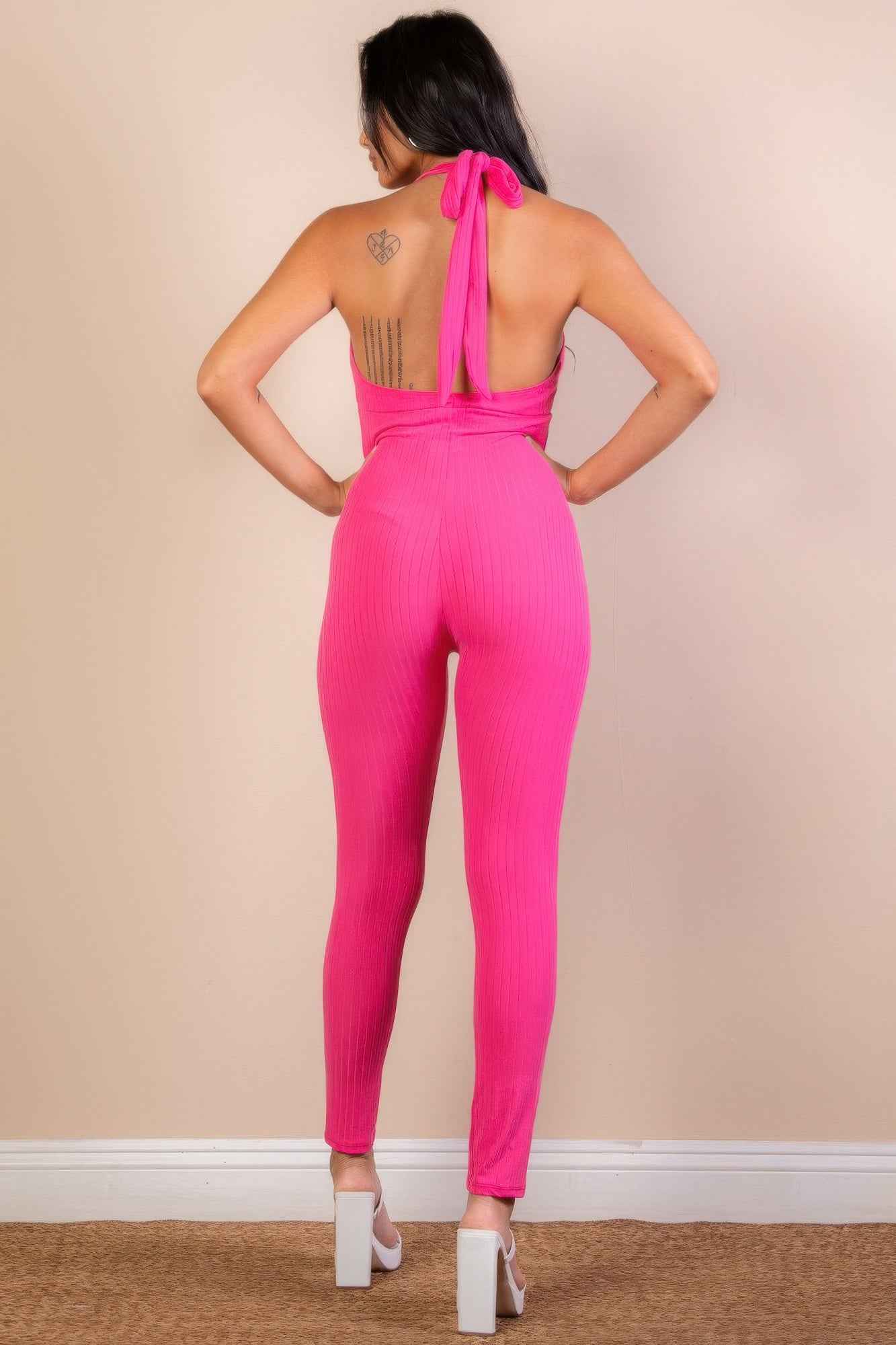 Halter V Neck Ribbed Bodycon Jumpsuit – New Arrival Now Live