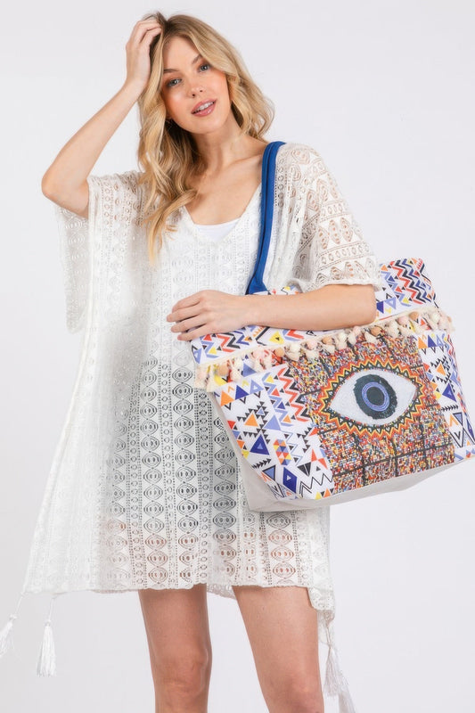 Evil Eye Boho Print Pom Pom Fringe Tote Bag – New Arrival Now Live