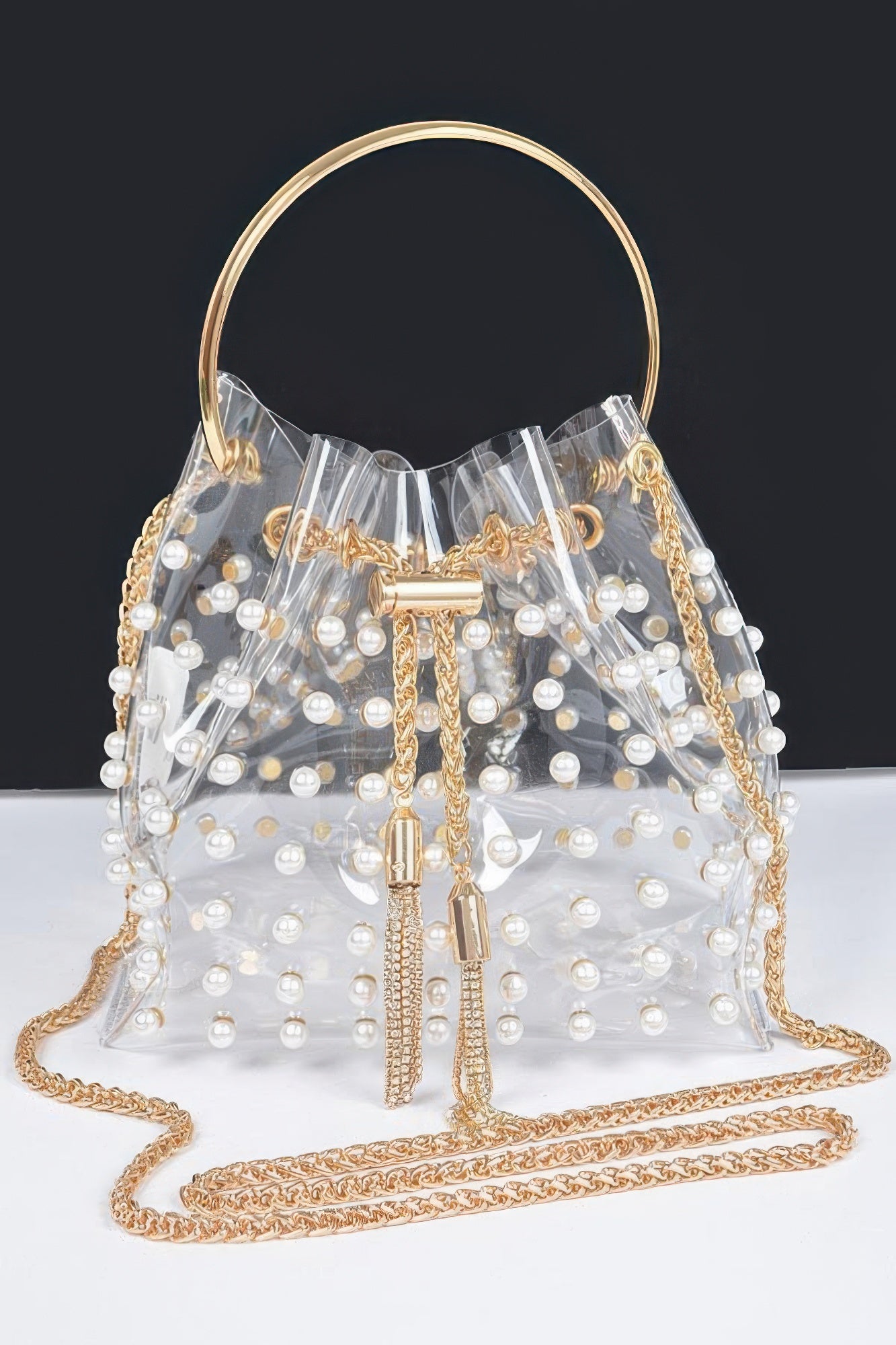 New Arrival – Clear Pearl Stud Bucket Bag W/chain Tassle – New Arrival Now Live