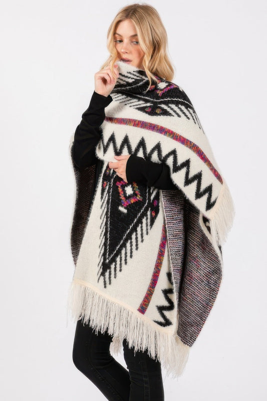 Fuzzy Aztec Pattern Tassel Knit Ruana – New Arrival Now Live