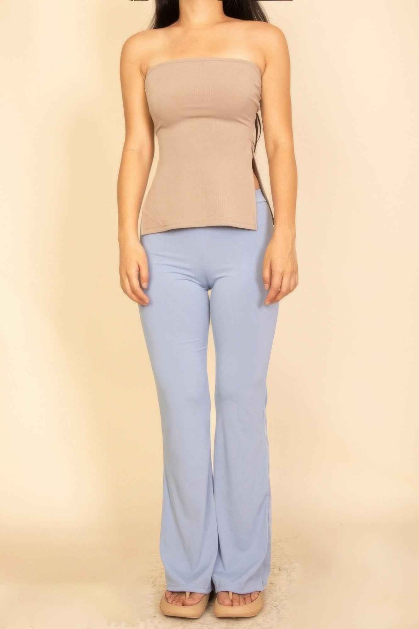 Strapless Ribbed Side-slit Flare Top