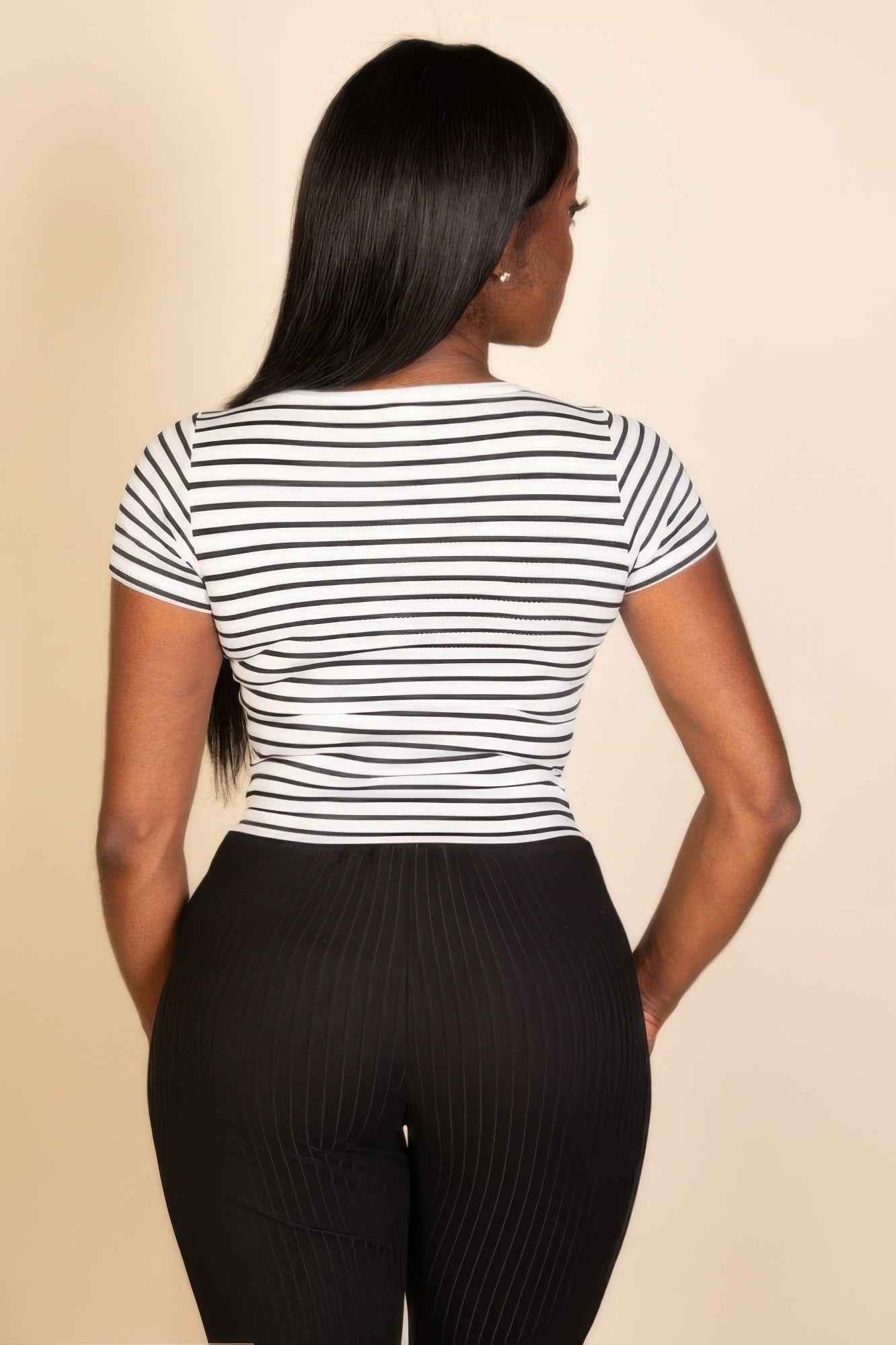 Ribbed Tight Knitted Striped Square Neck Short Sleeve T Shirt