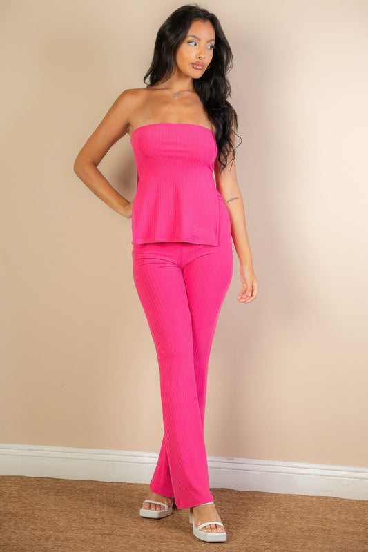 New Arrival – Ribbed Side Slit Bandeau Top & Flare Pants Set – New Arrival Now Live