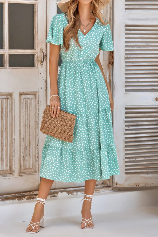 V Neck Ruffles Tiered Sleeve Smocked Midi Dress – New Arrival Now Live