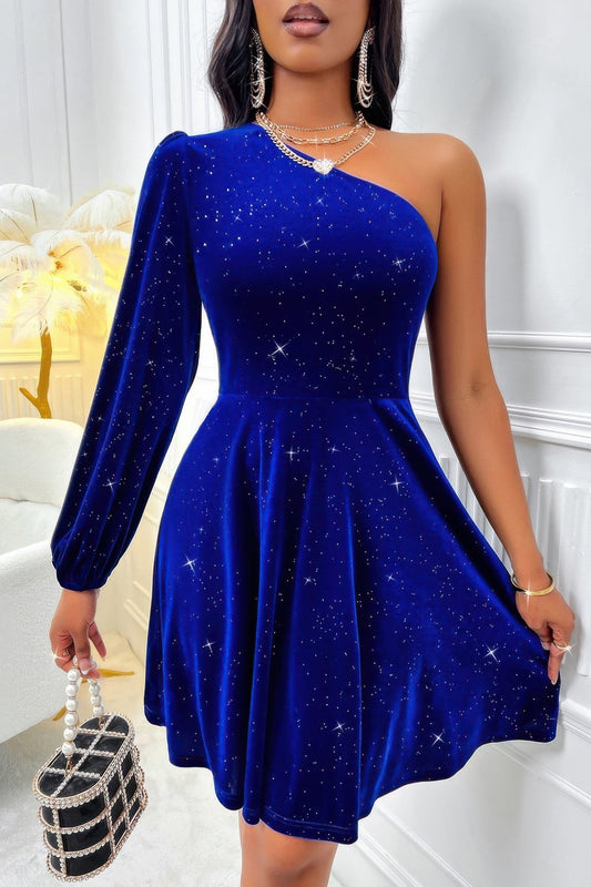 One Shoulder Velvet Lantern Sleeve Cinched Dress – New Arrival Now Live