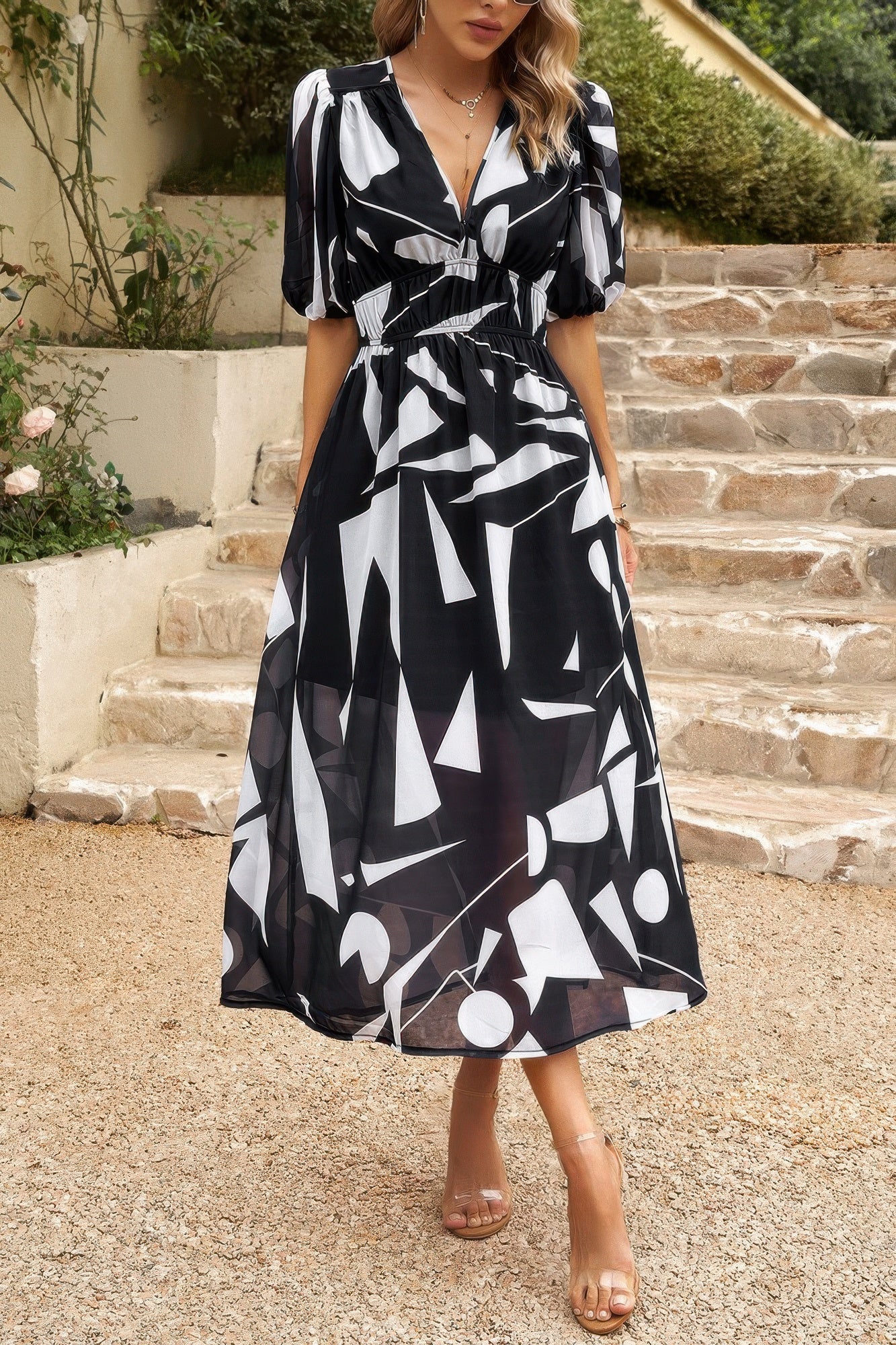 New Arrival – Bohemian V Neck Elastic Waisted Band Midi Dress – New Arrival Now Live