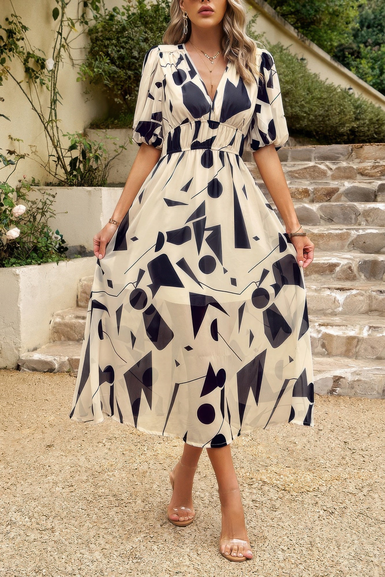 Bohemian V Neck Elastic Waisted Band Midi Dress – New Arrival Now Live