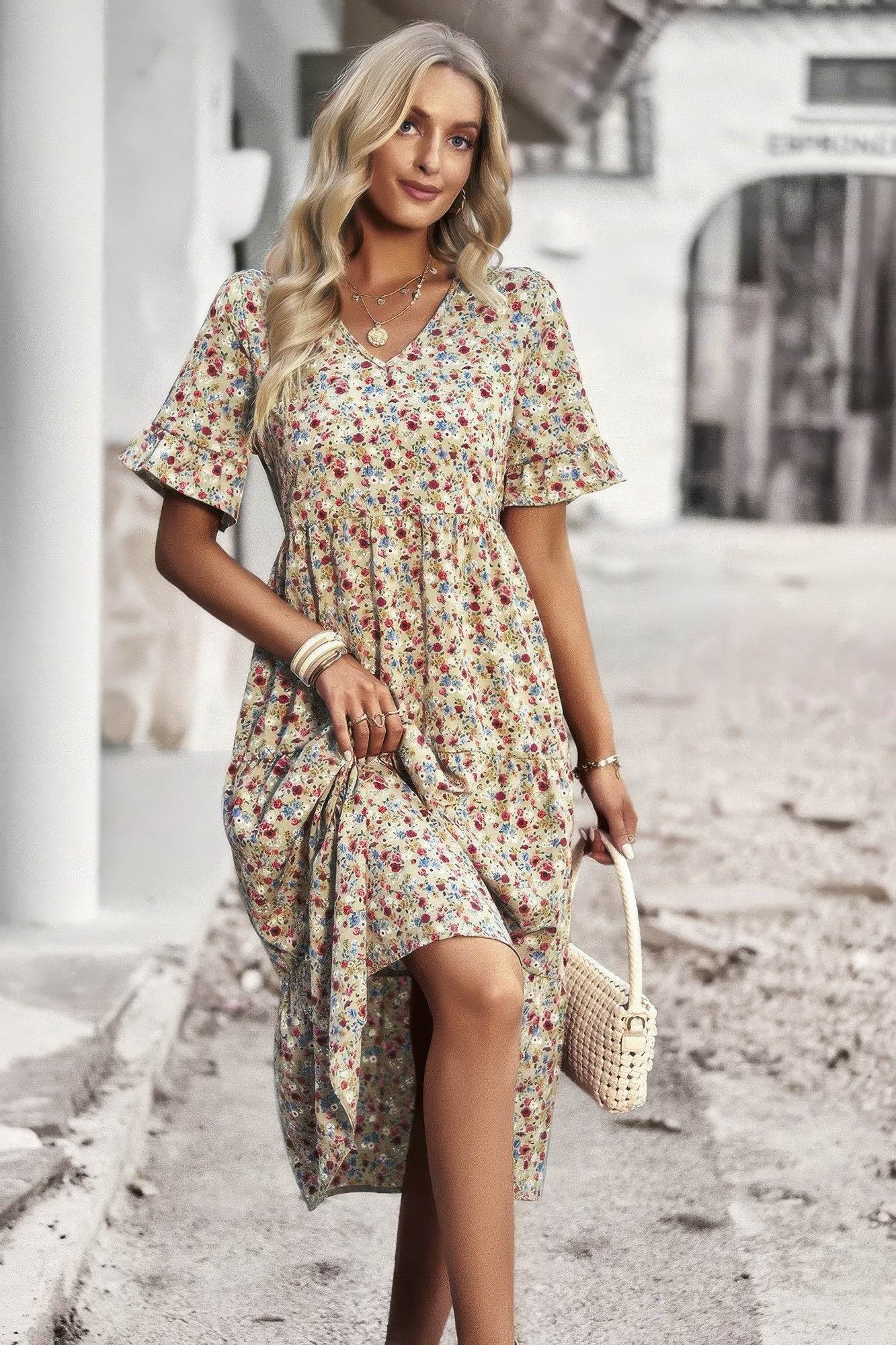New Arrival – Boho Floral Ruffle Hem V Neck Short Sleeve Dress – New Arrival Now Live