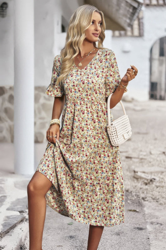 Boho Floral Ruffle Hem V Neck Short Sleeve Dress – New Arrival Now Live