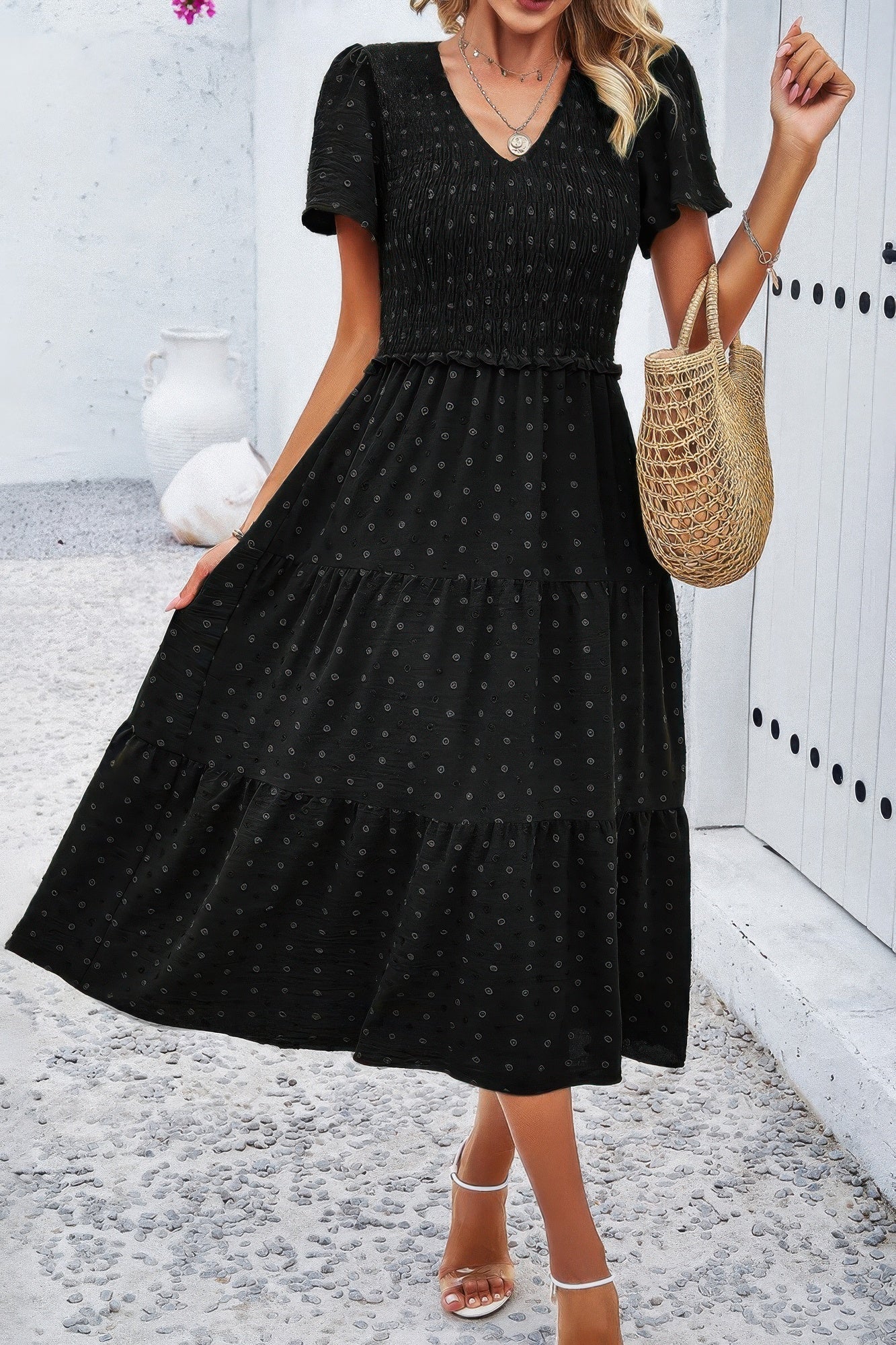 Elegant Ruched V Neck Short Sleeve Pleated Dress – New Arrival Now Live