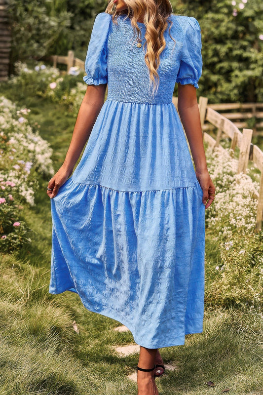 Pleated Tiered Solid Short Puff Sleeve A Line Dres – New Arrival Now Live