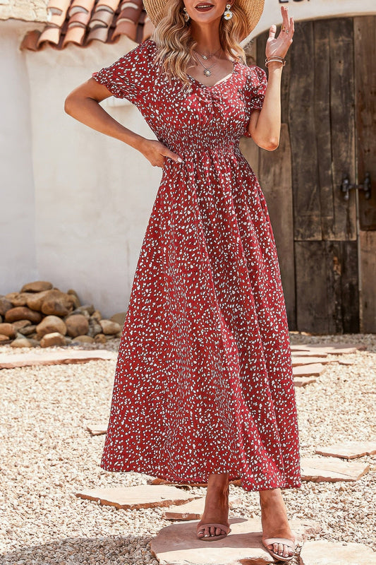 Allover Print Puff Sleeve Ruched Shirred Dress – New Arrival Now Live