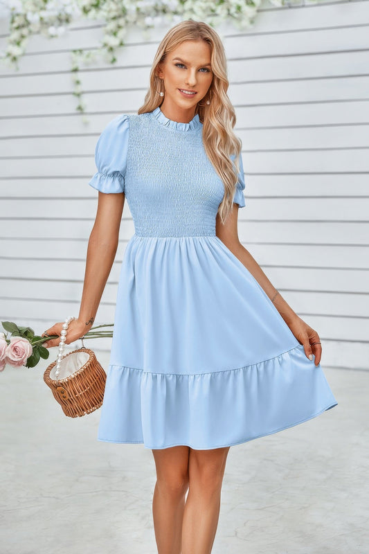 Solid Puff Sleeve Shirred Detail Ruffle Hem Dress – New Arrival Now Live