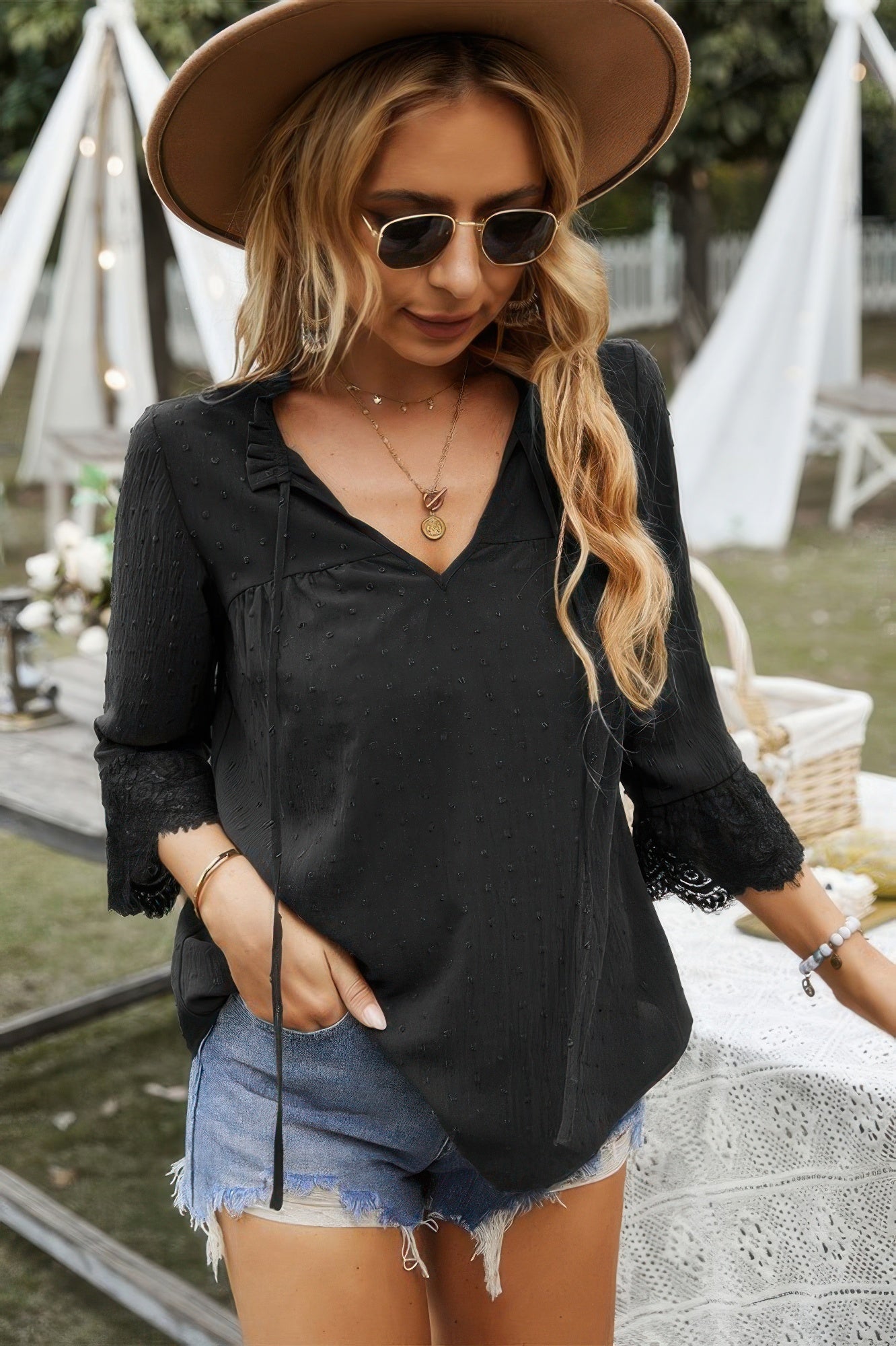 New Arrival – Swiss Dot Lace Splicing Sleeve V Neck Blouse – New Arrival Now Live