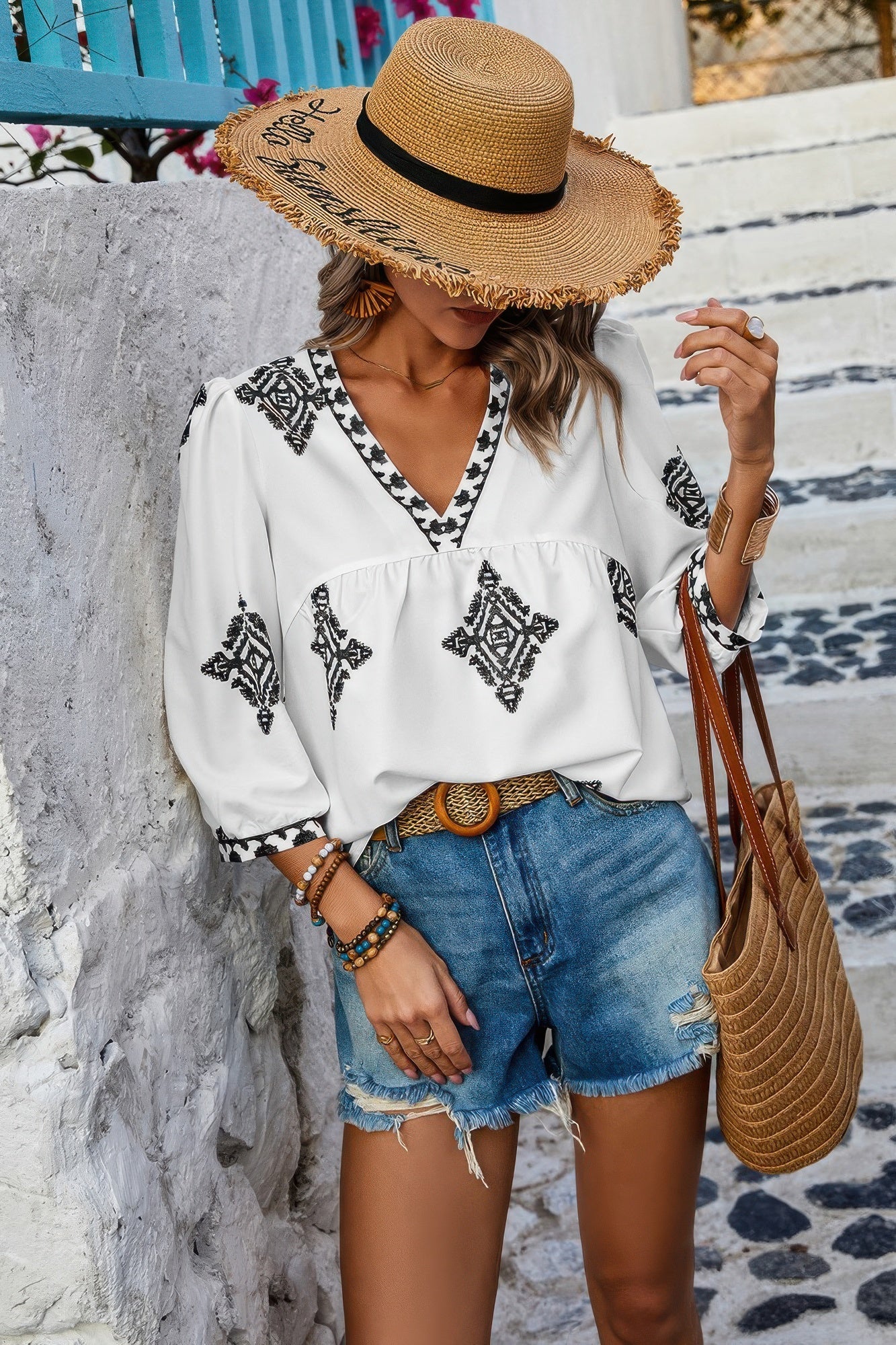 Printed T Shirt V Neck Loose Puff Sleeves Shirts – New Arrival Now Live