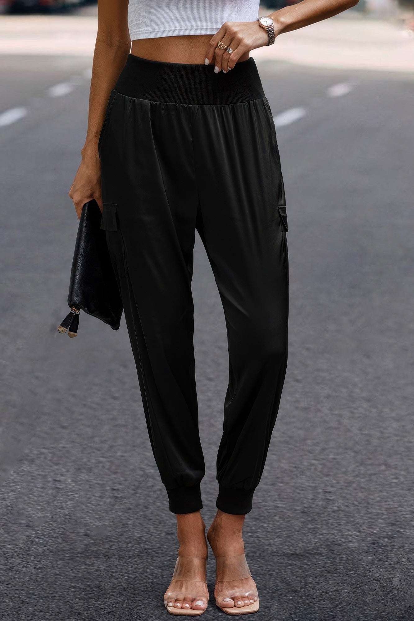 High Waist Trousers Pocket Satin Jogger Pants – New Arrival Now Live
