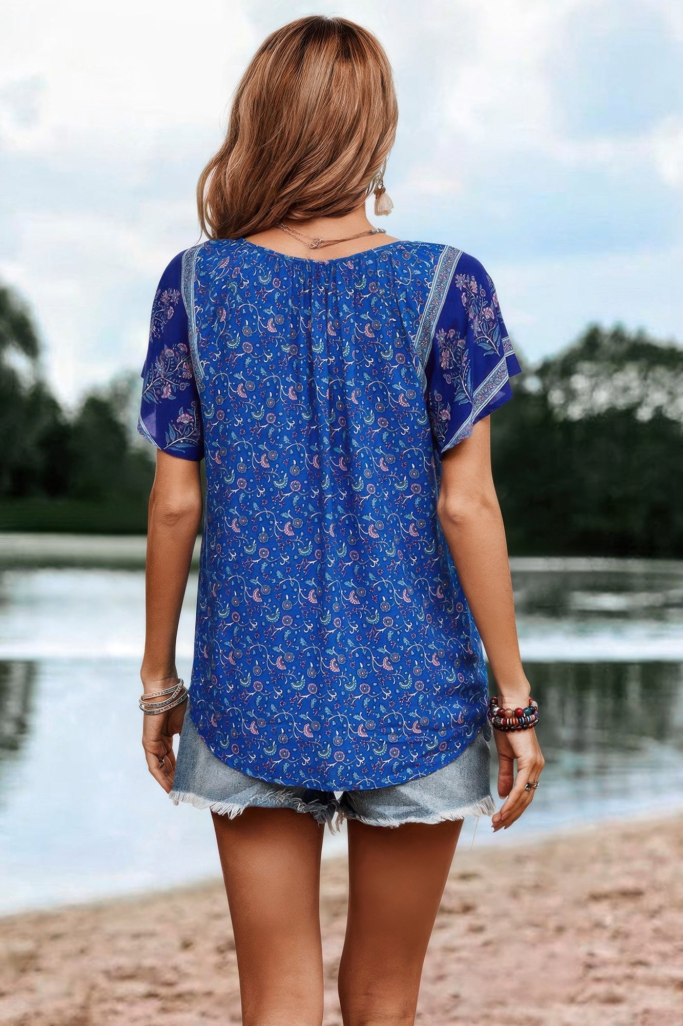 Boho Floral Print Tie Neck Butterfly Sleeve Blouse – New Arrival Now Live
