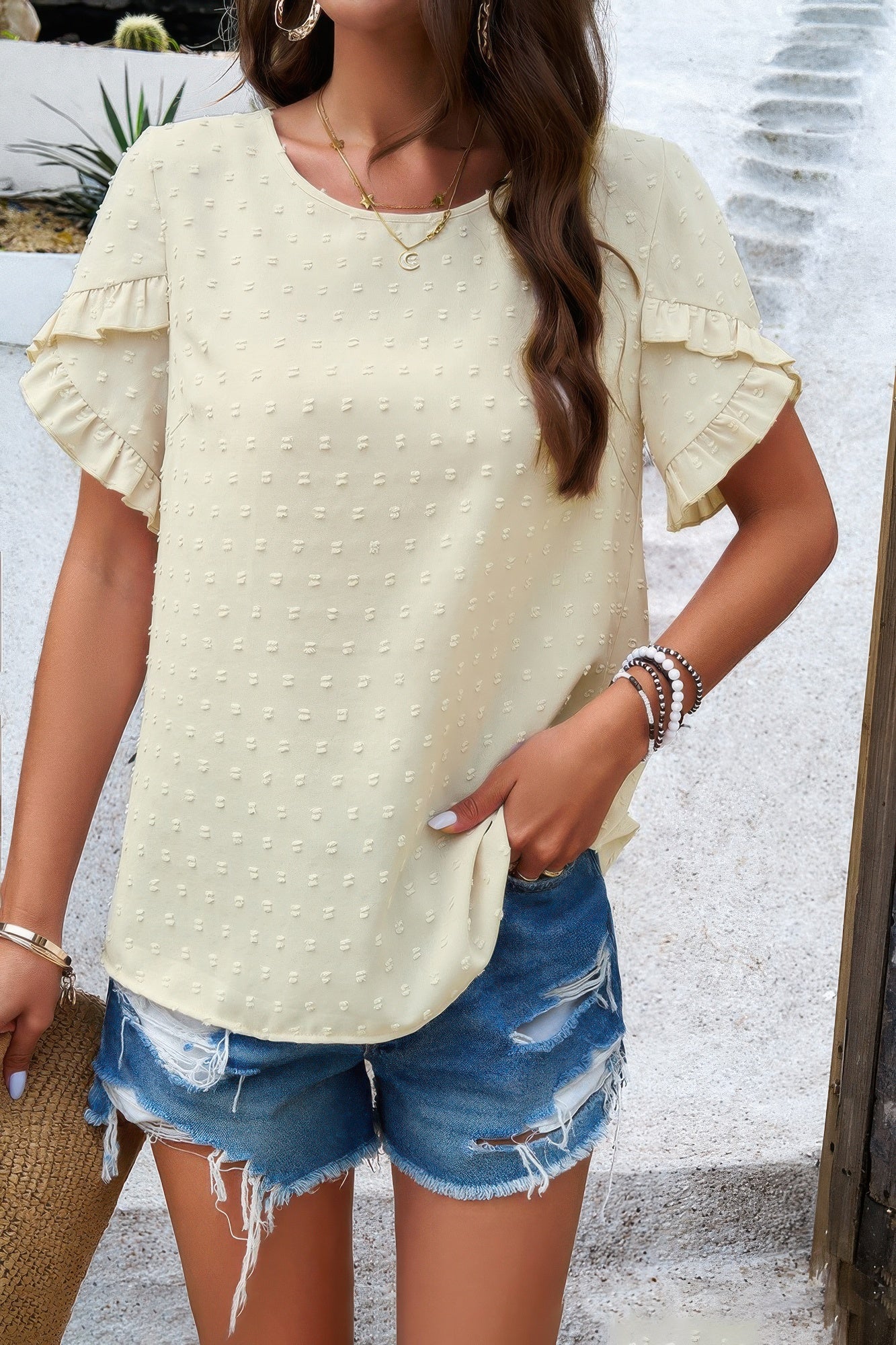 New Arrival – Crewneck Chiffon Polka Dot Ruffle Short Sleeved To – New Arrival Now Live