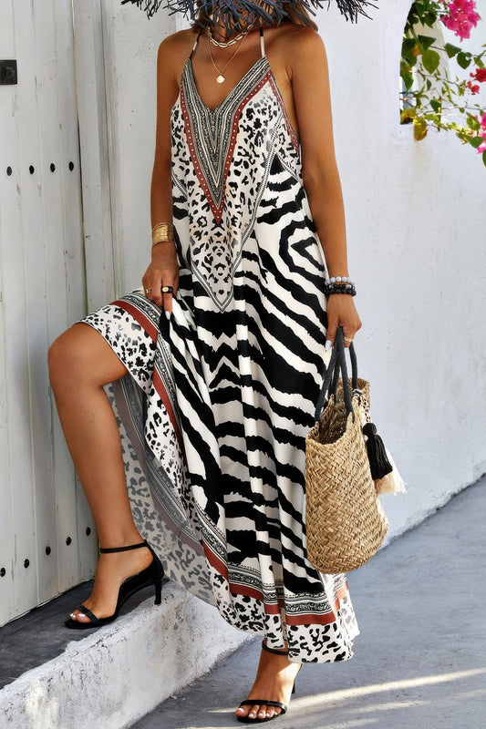 Animal Print Halter Deep V Ruffle Maxi Dress – New Arrival Now Live