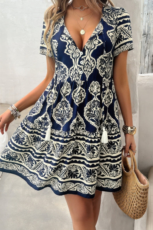 Deep V Neck Allover Print Ruffle Tassel Dress – New Arrival Now Live
