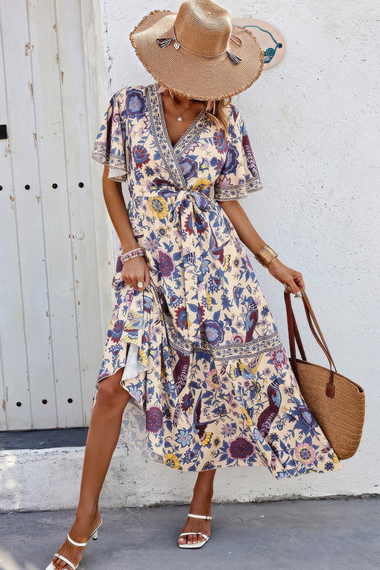 Floral Print Lace Trim Cross Belt A Line Dress – New Arrival Now Live