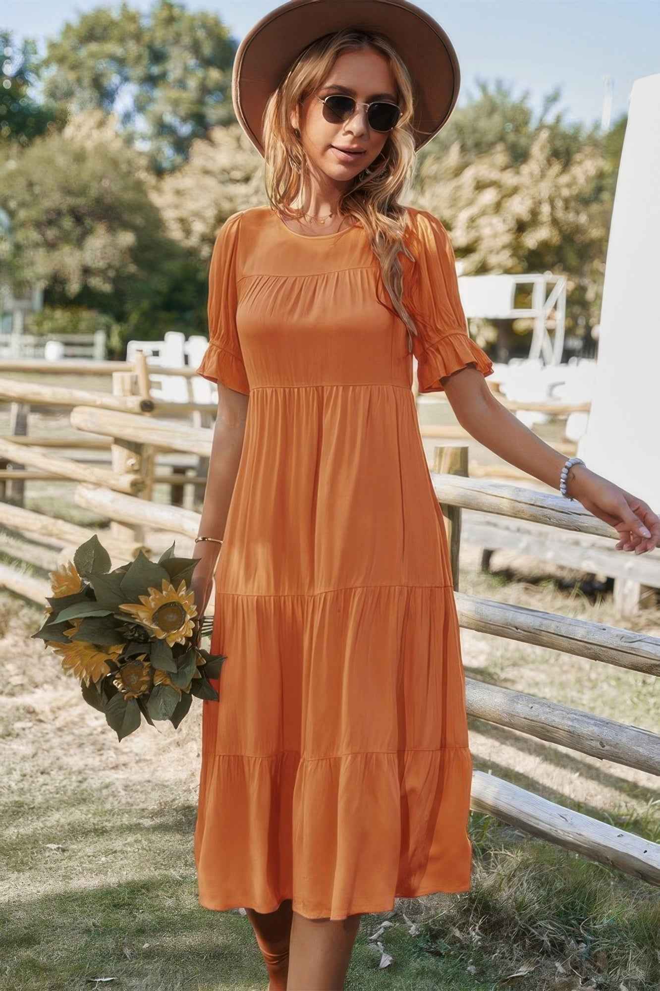 New Arrival – Flowy Pleated Short Sleeve Solid Midi Dress – New Arrival Now Live