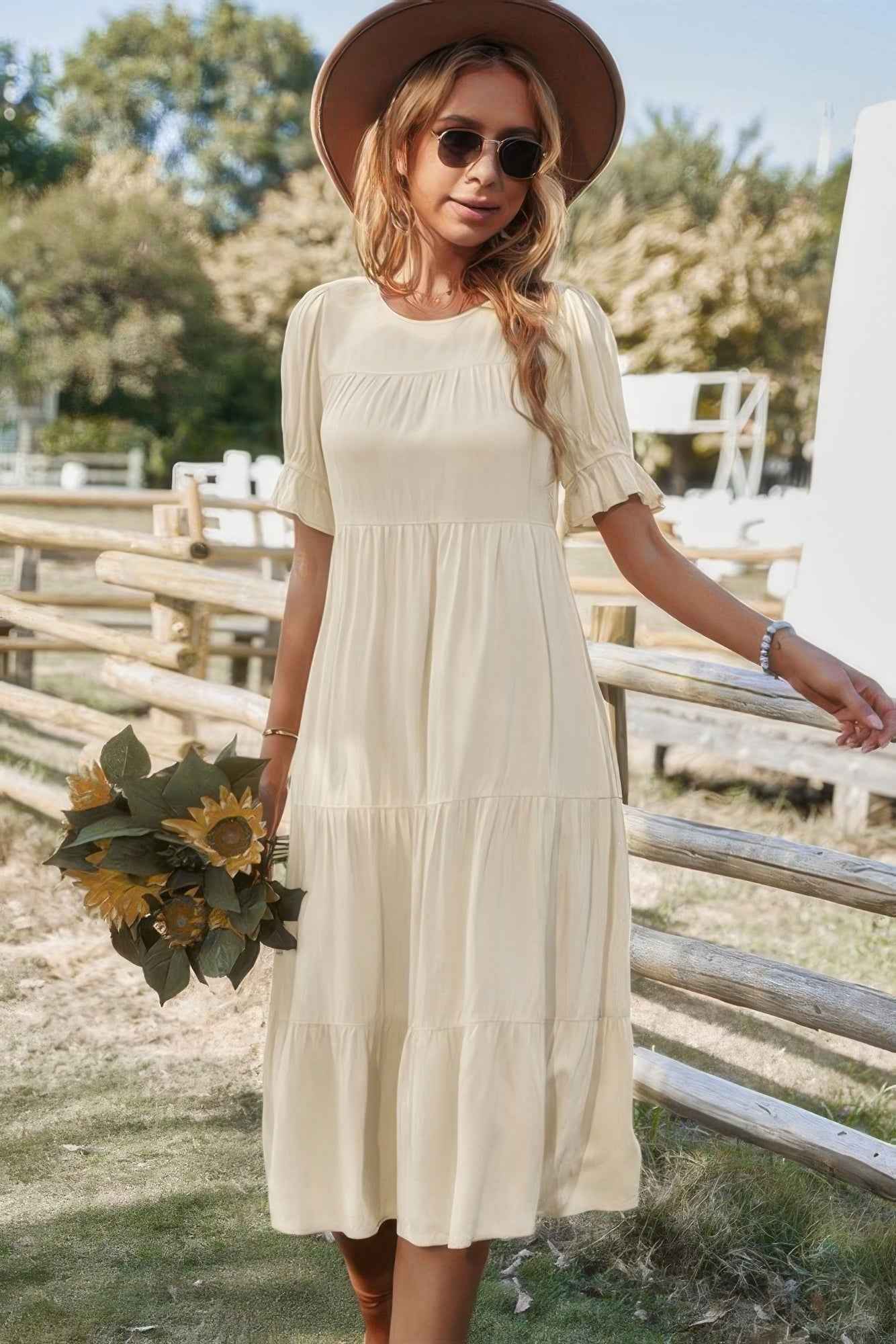 Flowy Pleated Short Sleeve Solid Midi Dress – New Arrival Now Live