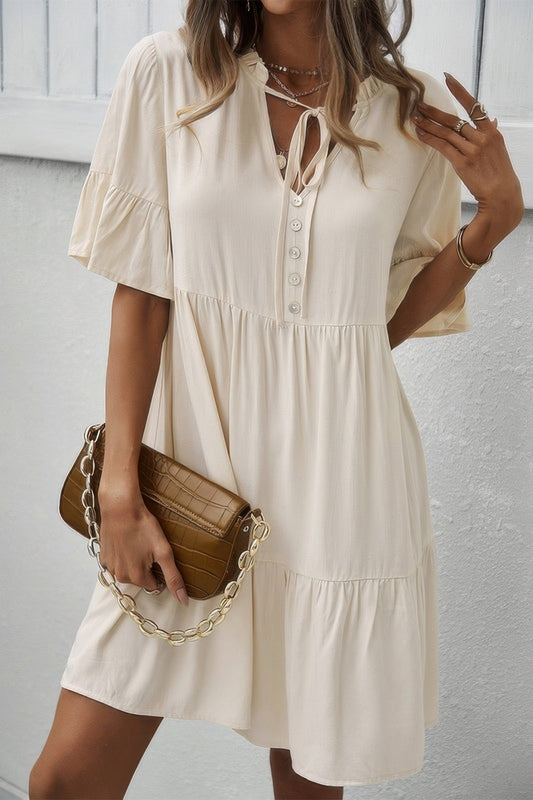 V Neck Flounce Sleeve Ruffle Hem Tie Neck Dress – New Arrival Now Live