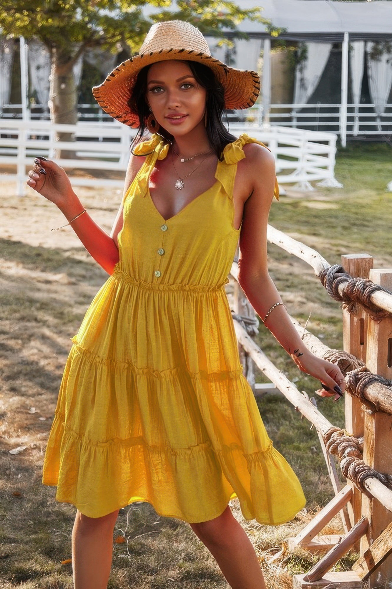 New Arrival – Sleeveless Button Ruffle Dress Swing Pleated Dress – New Arrival Now Live