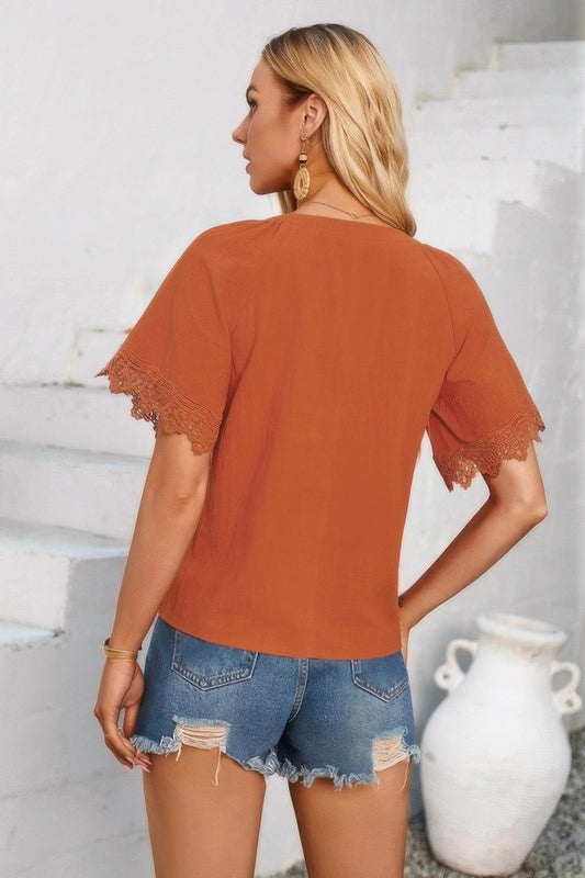 Solid V Neck Lace Hem Butterfly Sleeve Blouse β New Arrival Now Live