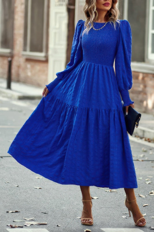 Solid Round Neck Puff Long Sleeve Midi Dress – New Arrival Now Live