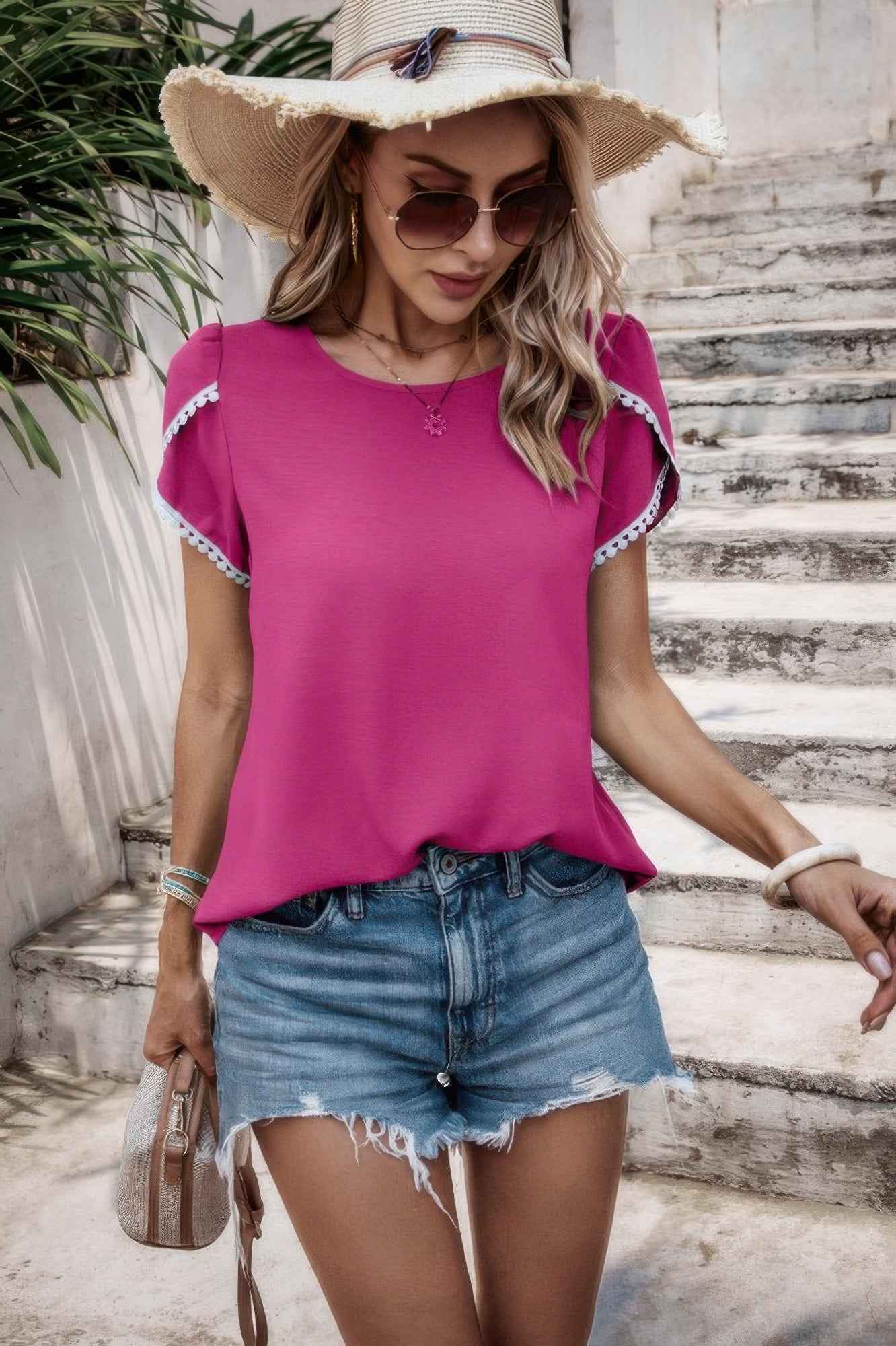 Color Block Trim Flutter Sleeve Round Neck Top – New Arrival Now Live