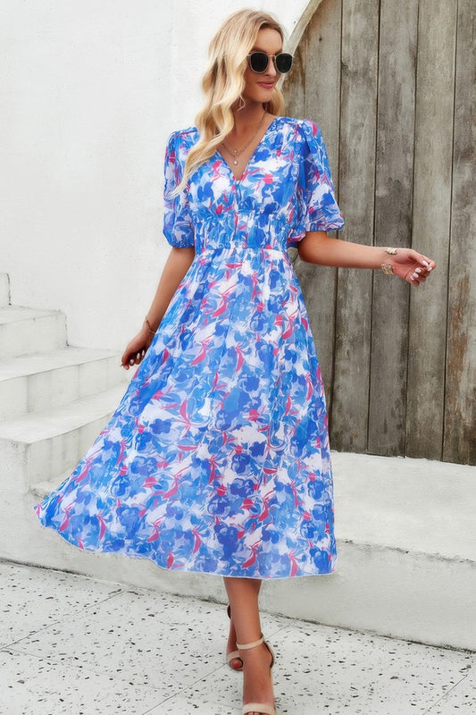 Floral V Neck Puffed Sleeve High Waist Dress – New Arrival Now Live