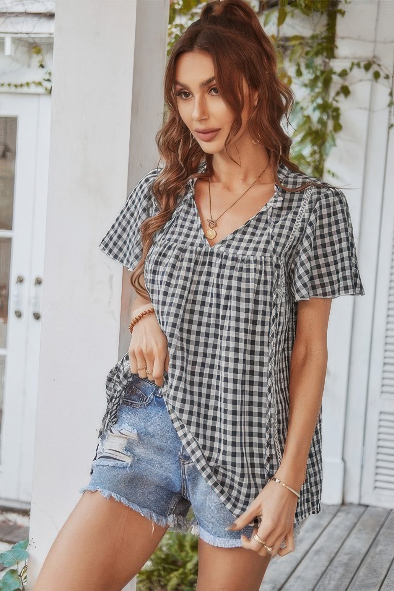 New Arrival – Gingham V Neck Plaid Loose Drawstring Blouse – New Arrival Now Live