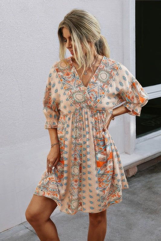 Boho Print Wrap Neck Tie Back Pleated Hem Dress – New Arrival Now Live