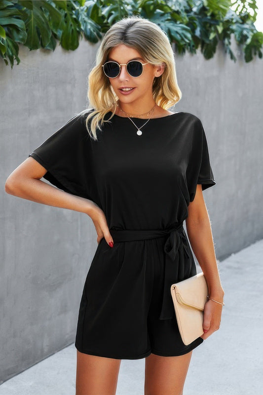 Boat Neck Short Sleeve Waist Tie Loose Romper β New Arrival Now Live