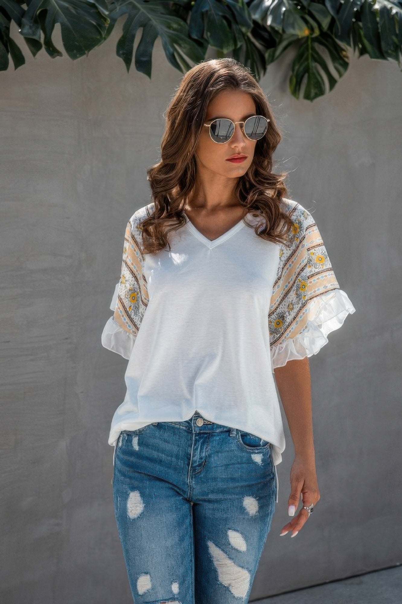 New Arrival – Splicing Print V Neck Ruffle Elegant Top – New Arrival Now Live