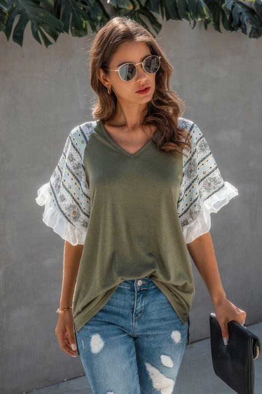 Splicing Print V Neck Ruffle Elegant Top β New Arrival Now Live