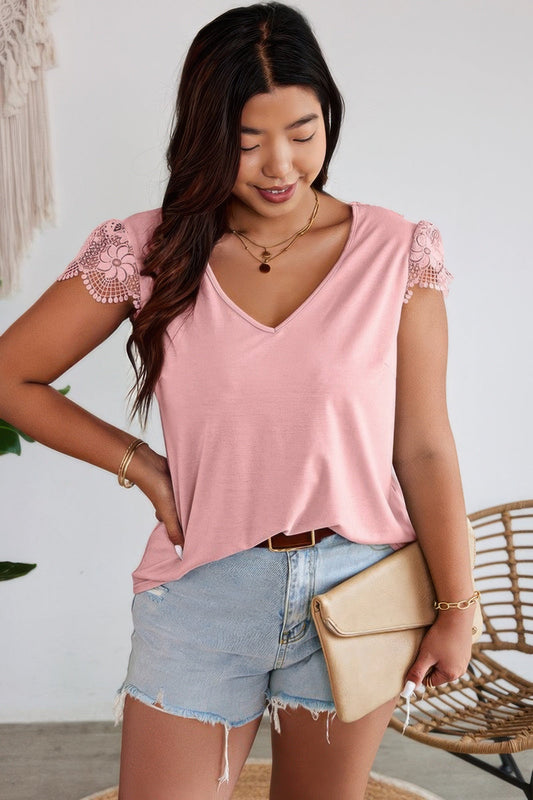 Solid V Neck Lace Splicing Back Bowknot T Shirt – New Arrival Now Live