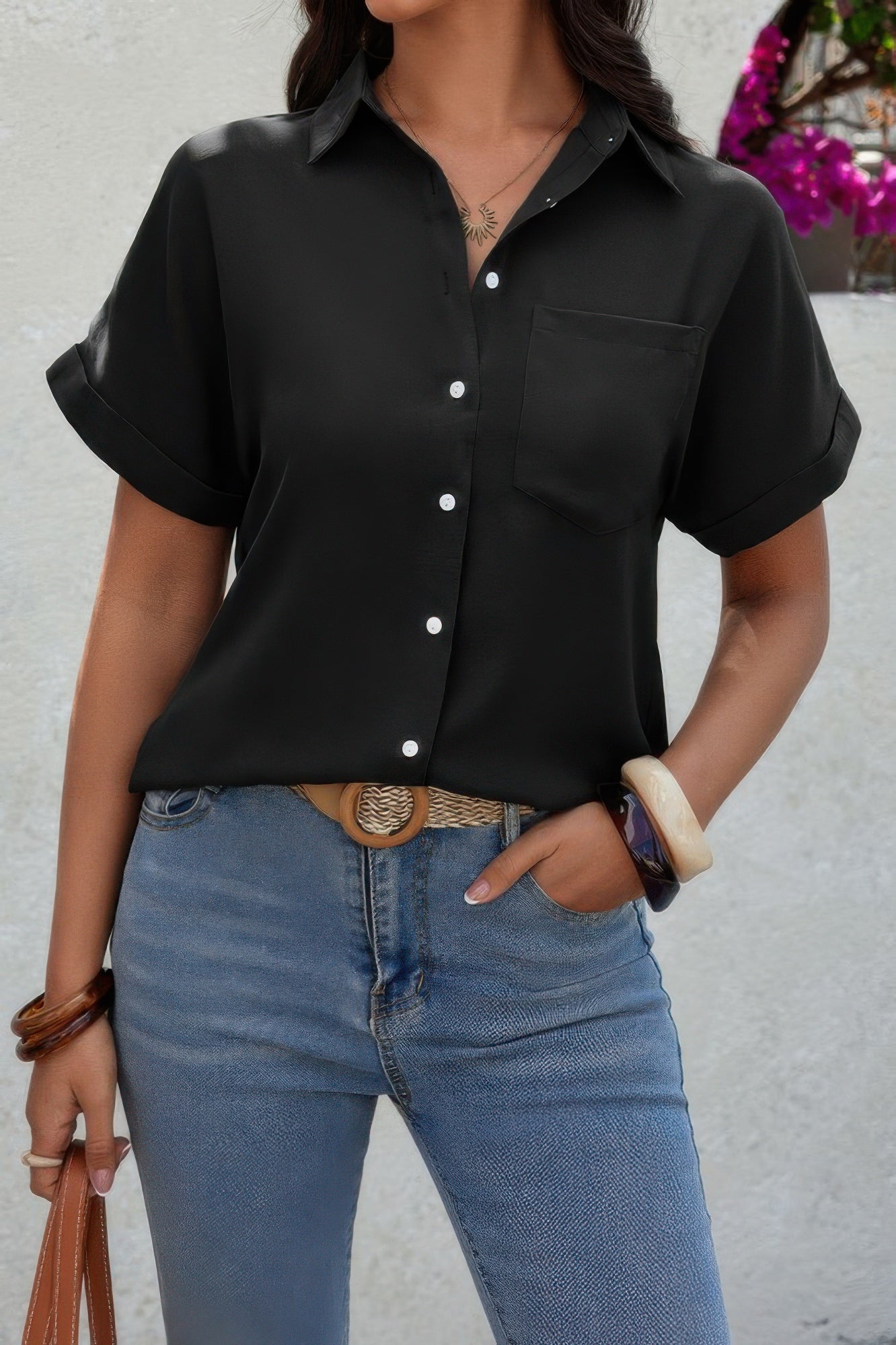 Solid Short Sleeve V Neck Button Down Tunic Shirt – New Arrival Now Live