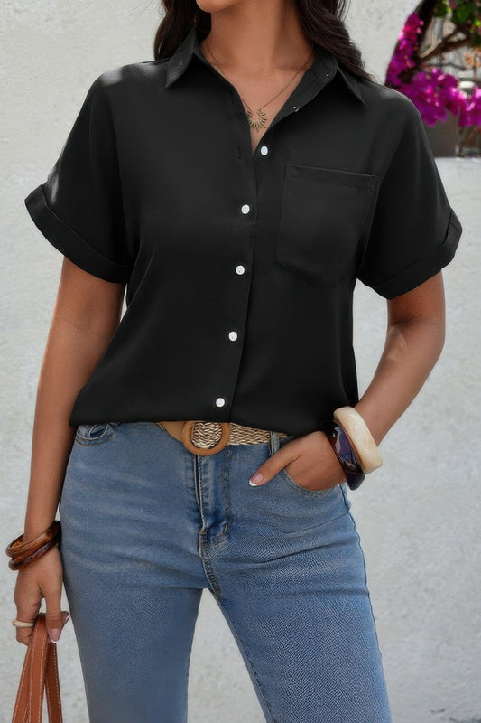 Solid Short Sleeve V Neck Button Down Tunic Shirt β New Arrival Now Live