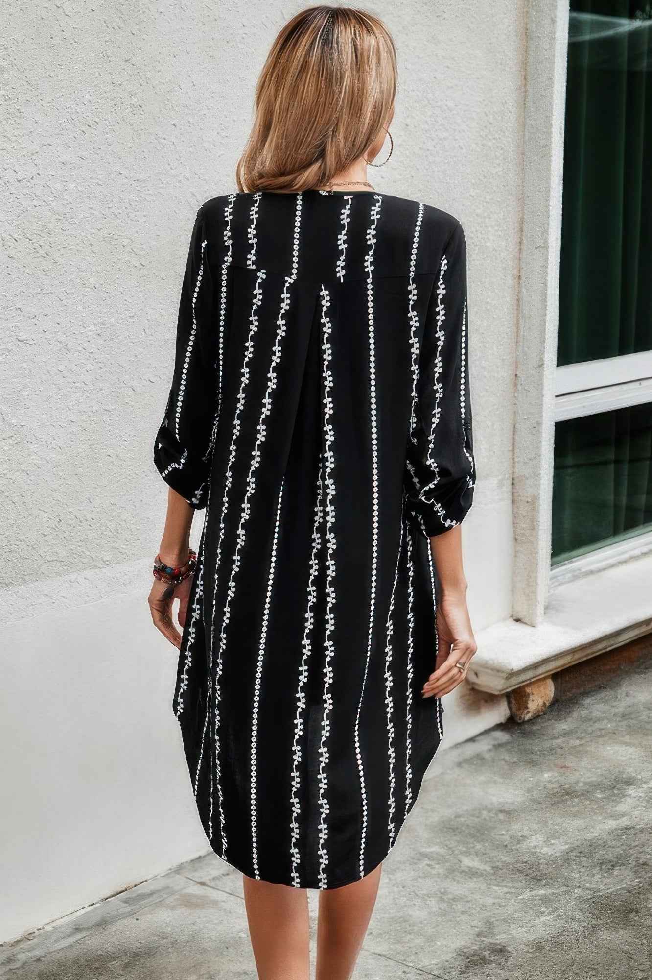 Striped Print Roll Tab Sleeve Tunic Loose Dress – New Arrival Now Live