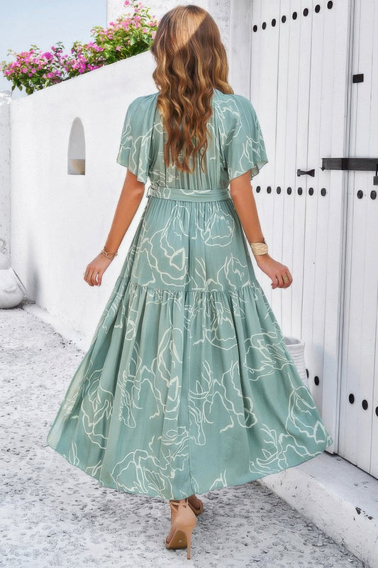 Allover Print V Neck Fit Belt A Line Long Dress – New Arrival Now Live