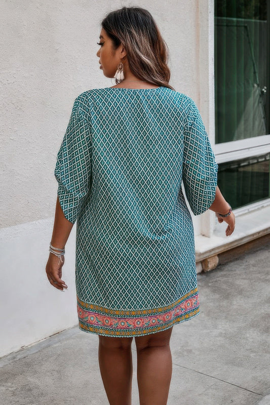 Plus Size V Neck Printed Loose Fit Midi Dress – New Arrival Now Live