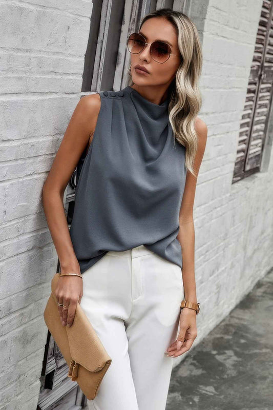 Button Trim Layered Collar Sleeveless Blouse – New Arrival Now Live