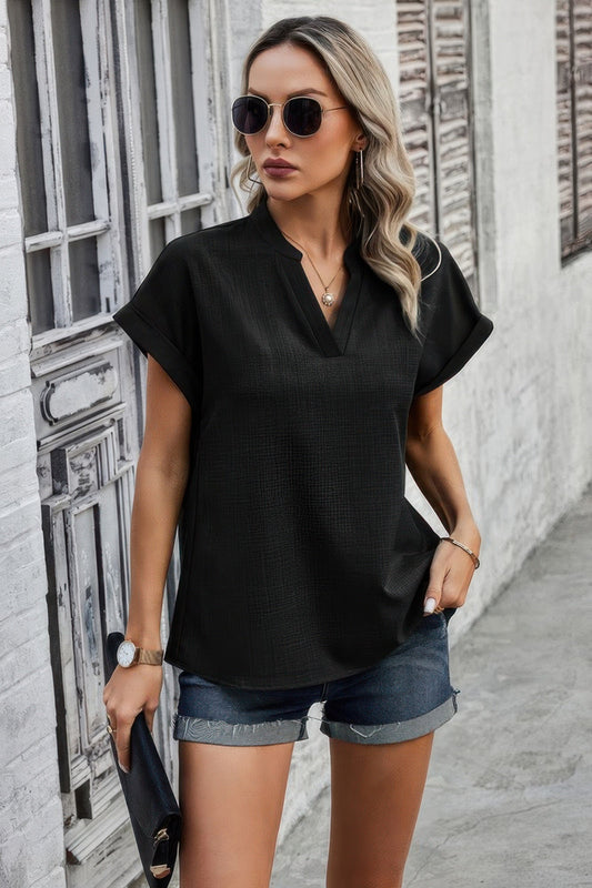 V Neck Solid Short Bat Sleeve Loose Fit Blouse – New Arrival Now Live