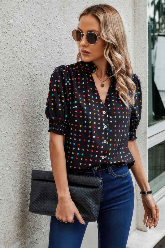 Polka Dot Print Puff Sleeve Loose Shirt – New Arrival Now Live